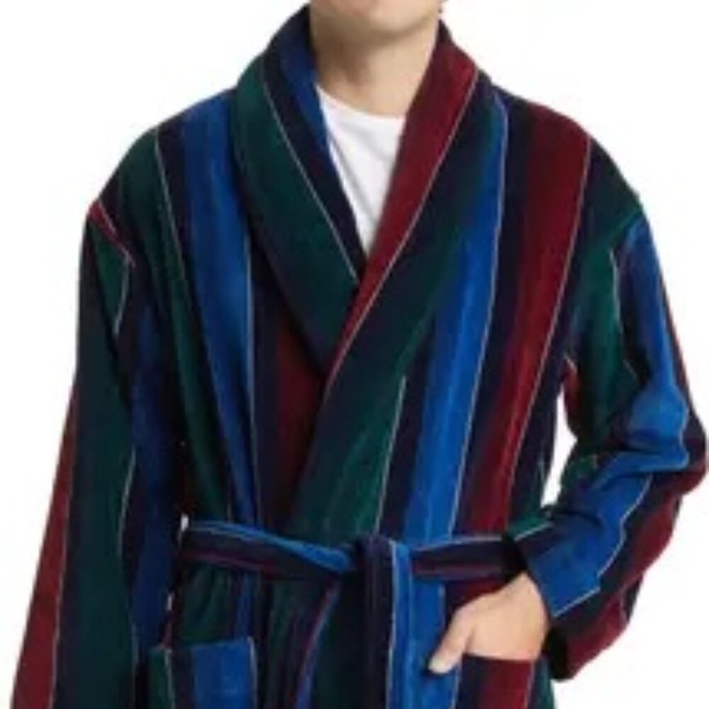 NWT MAJESTIC Statement Stripes Shawl Collar Terry Cloth Robe